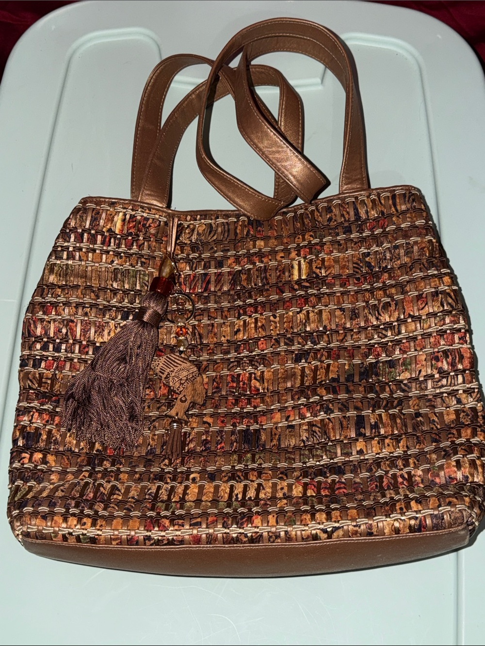Sharif Brown Multicolor Woven Tote with Tassel Charm